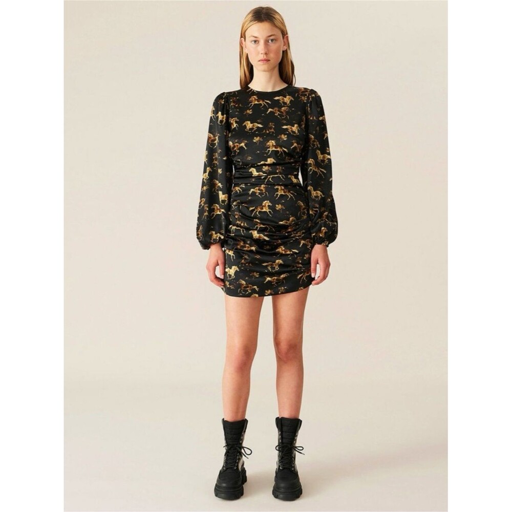 GANNI 38/6 Black Silk Blend  Ruched Mini Dress Horse Print Black Gold